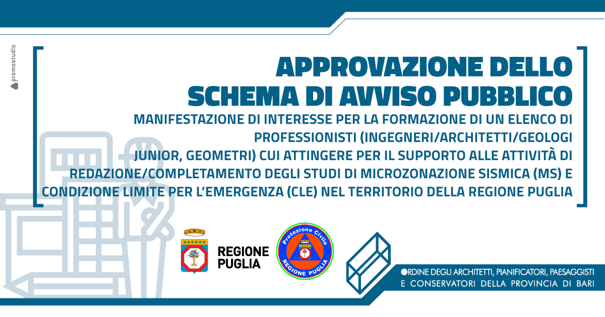 Manifestazione di interesse per la formazione di un elenco di professionisti (ingegneri/architetti/geologi junior, geometri) cui attingere per il supporto alle attivita� di redazione/completamento degli studi di microzonazione sismica (MS) e condizione limite per l�emergenza (CLE) nel territorio della regione Puglia.