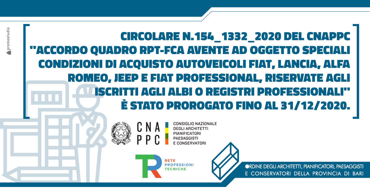 ACCORDO QUADRO RPT-FCA AVENTE AD OGGETTO SPECIALI CONDIZIONI DI ACQUISTO AUTOVEICOLI MARCHI FIAT, LANCIA, ALFA ROMEO, JEEP E FIAT PROFESSIONAL, RISERVATE AGLI ISCRITTI AGLI ALBI O REGISTRI PROFESSIONALI � AGGIORNAMENTO DICEMBRE 2020