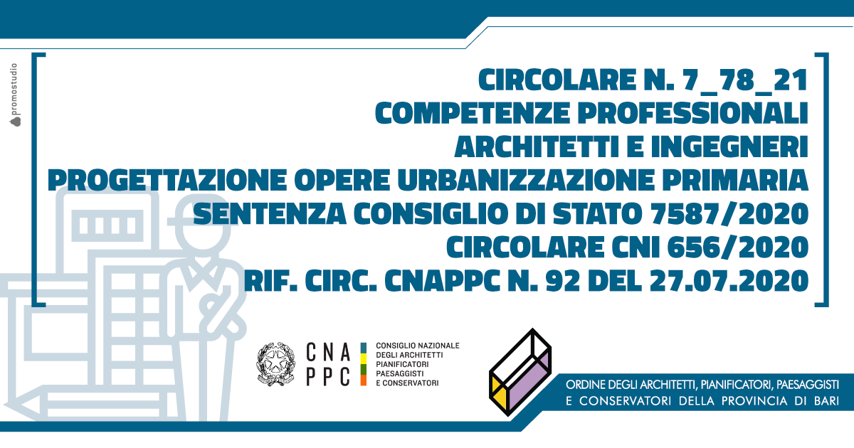 COMPETENZE PROFESSIONALI ARCHITETTI E INGEGNERI � PROGETTAZIONE OPERE URBANIZZAZIONE PRIMARIA � SENTENZA CONSIGLIO DI STATO 7587/2020 � CIRCOLARE CNI 656/2020 � RIF. CIRC. CNAPPC N. 92 DEL 27.07.2020.